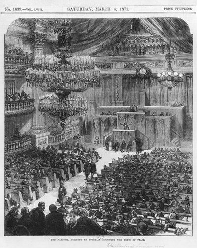 La Asamblea Nacional en Burdeos discutiendo los términos de paz, el 4 de marzo de 1871 (grabado en blanco y negro) de English School